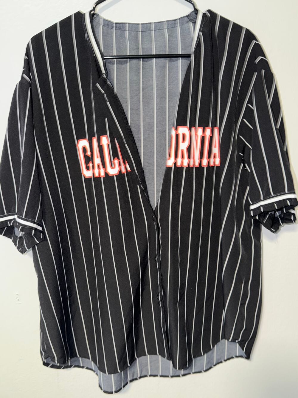 Shein Black Pinstripe Button-Up Shirt California Print Ruffle Sleeve Cuffs
